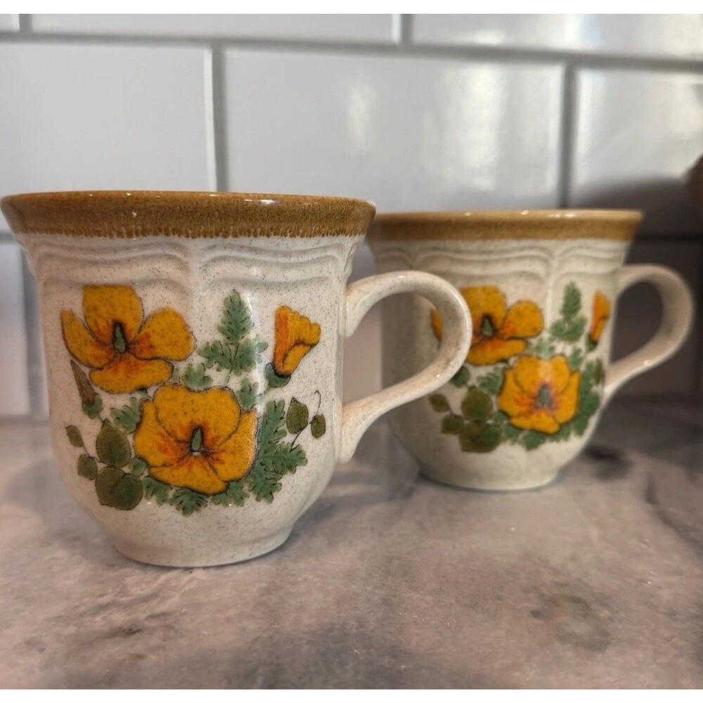 Vintage Mikasa‎ Garden Club Petunia Coffee Cups  Yellow Flowers Pair (2)
